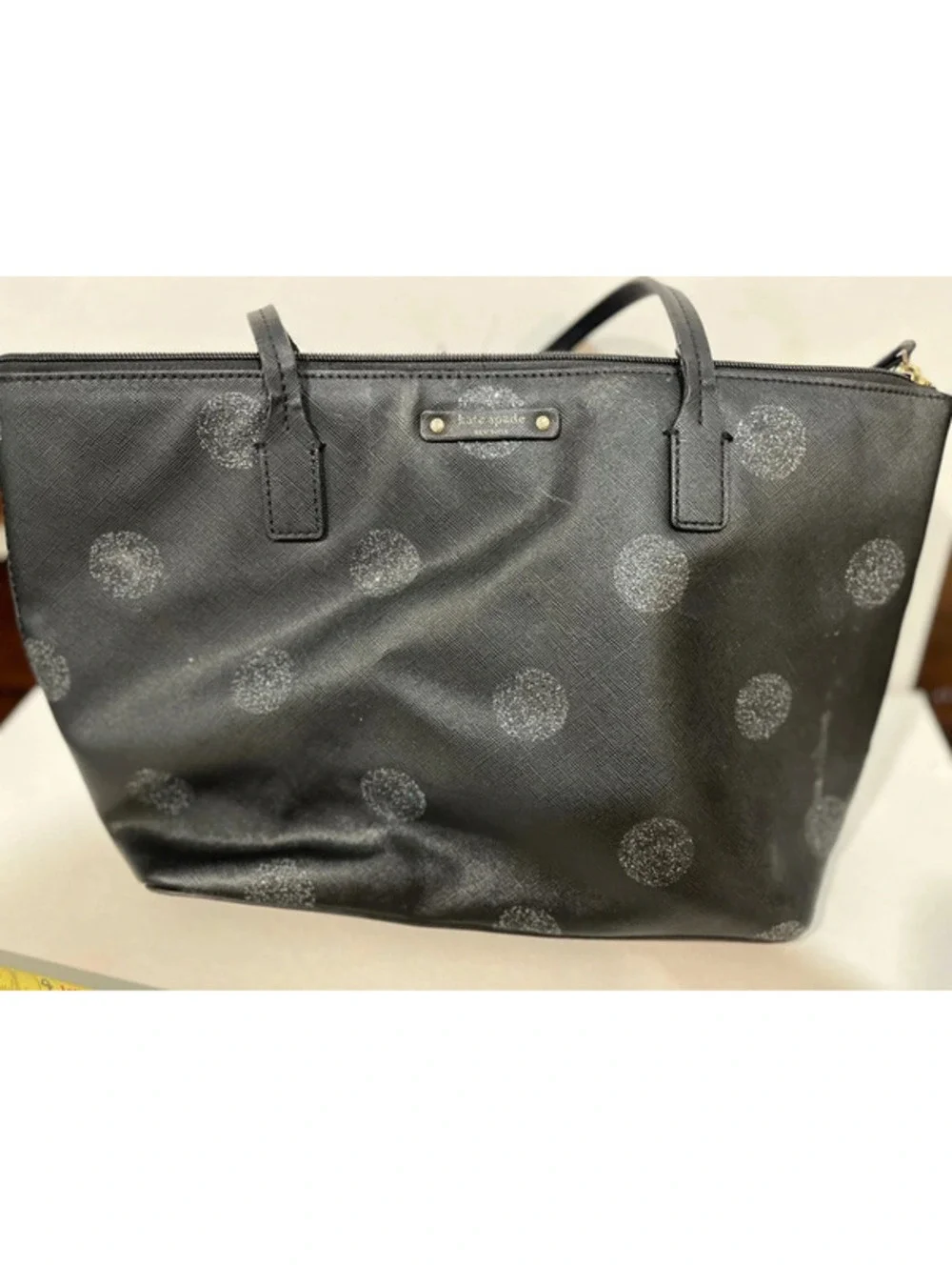 kate spade new york Black Polka Dot Glitter Tote Bag Shoulder Purse with Zipper